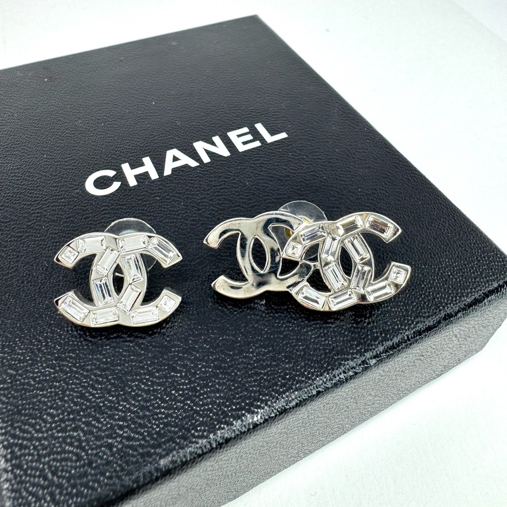 CHANEL DOUBLE & SINGLE CRYSTAL CC LOGO EARRINGS
